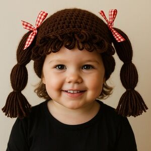 Handmade Crochet Cabbage Patch Kid Wig Hat –‎ Brown Yarn, Loopy Bangs